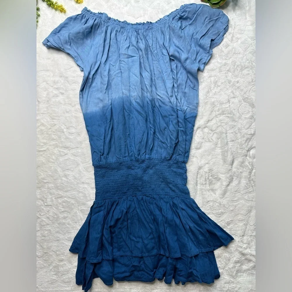 Skemo Bahama Gypsy Shirred Waist Dip Dyed Blue Mini Dress Cover-Up Womens Large